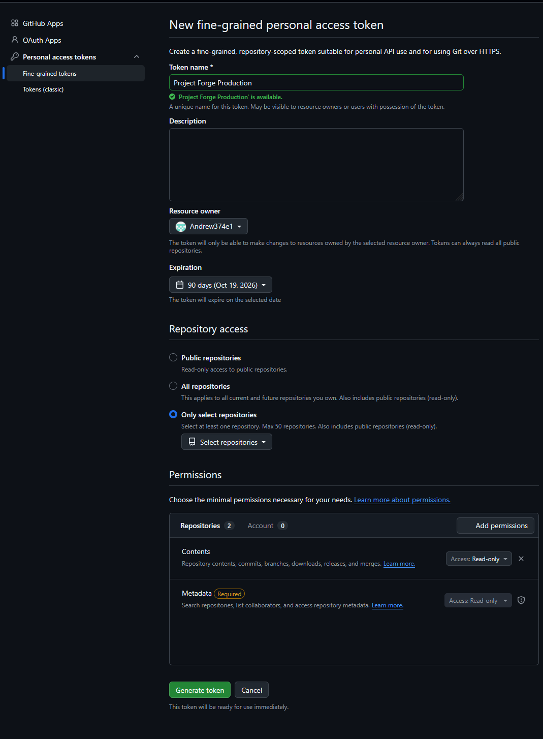 GitHub fine-grained token configured for Project Forge production with repository Contents read-only access