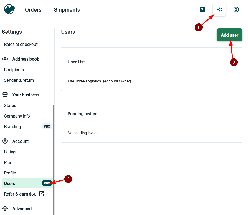 Shippo user management screen